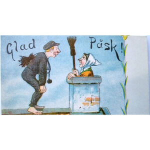 Easter Witch Postcard Fantasy Glad Pask Inside Chimney Barefoot Man Roof Sweden